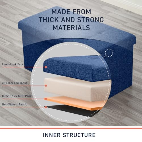 Folding Storage Ottoman, 30 Inch Large Storage Bench with Lid, Foot Rest Stool for Bedroom, Living Room, Entryway, Tufted Linen Upholstered - Navy Blue