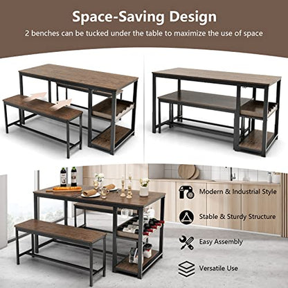 Dining Table Set for 4, 3-Piece 55" L Kitchen Table Set w/ 2 Benches, Breakfast Table w/ 5-Bottle Wine Rack & Glass Holder, Space-Saving Dinette Set for Dining Room, Kitchen, Apartment