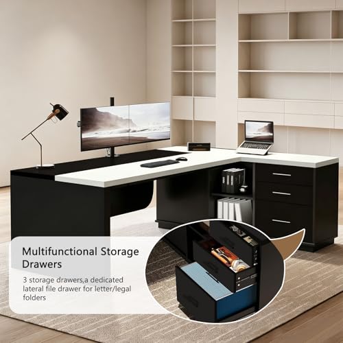 Executive Desk L Shaped Office Desk with Storage Cabinet, view 7