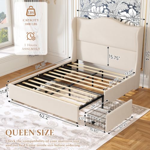 koorlian Queen Size Bed Frame with 51'' Tall Headboard and 4 Storage Drawer, view 4