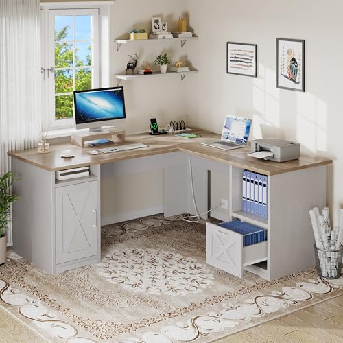 L Shaped Desk with Power Outlets, 60 Inch Computer Desk Corner Desk with File Drawer, Home Office Desk with Monitor Stand & Storage Shelves, L-Shaped Desk with File Cabinet, Grey Wash