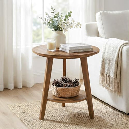 Tribesigns Solid Wood Round Side Table Set of 2, 2-Tier Farmhouse End Table with Storage Shelf, Nightstand for Living Room, Bedroom, Easy Assembly (2, Brown)