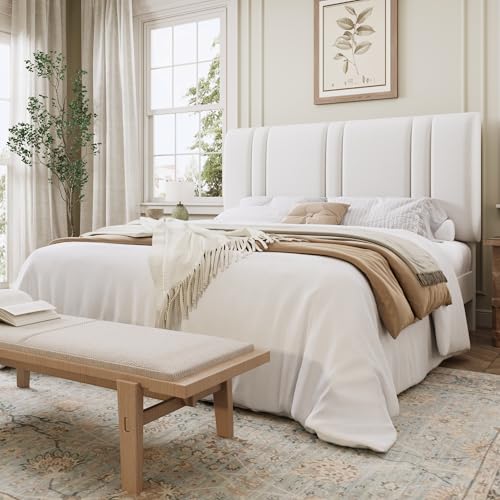 Queen Size Velvet Bed Frame with Adjustable Headboard, White, view 2