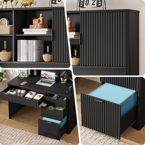 Executive Desk with Fluted Drawers, Pure Black, view 6