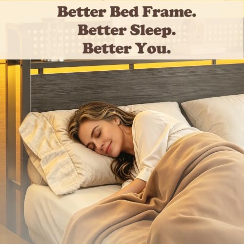 Queen Bed Frame with Storage Headboard, Charging Station, 2 Drawers, view 4