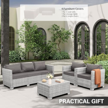 Patio Furniture Set 4 Piece Outdoor Wicker Conversation Sets PE Rattan Couch Sectional Sofa with Storage Table, Grey Cushion