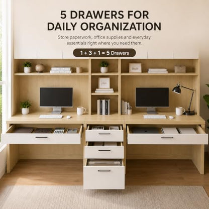 Large Two Person Desk with Bookshelf, Double Desk, Hutch and 5 Drawers, view 6