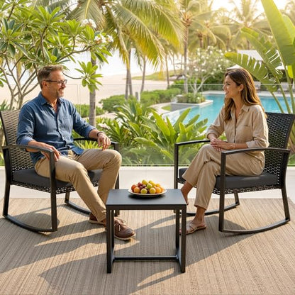Rocking Patio Bistro Sets - All-Weather - 3 Piece Rattan Conversation Furniture Set, Wicker Outdoor Front Porch Chair for Balcony, Porch, Garden, Backyard, Poolside,Medium Gray
