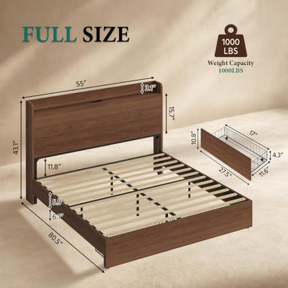 Full Size Bed Frame with Storage Headboard & 2 Drawers, view 3