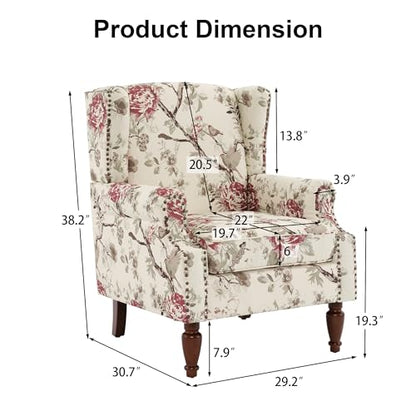 High Back Floral Accent Chair - Retro Wingback Upholstered Armchair with Nailhead Trim, Solid Wood Legs, Fabric Living Room Bedroom Reading Chair (Flower Beige)