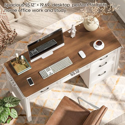 55 Inch Farmhouse Desk with 5 Drawers, Large Home Office Computer Desk with Adjustable File Drawer, Executive Workstation with Storage for Study Writing Work, White
