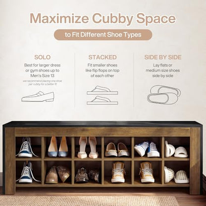 48-inch Farmhouse Entryway Bench, Wooden Shoe Storage Bench with 12 Cubbies & Compartments, Shoe Rack Organizer, Freestanding Shoe Cabinet for Hallway, Mudroom, Cloakroom, Bedroom