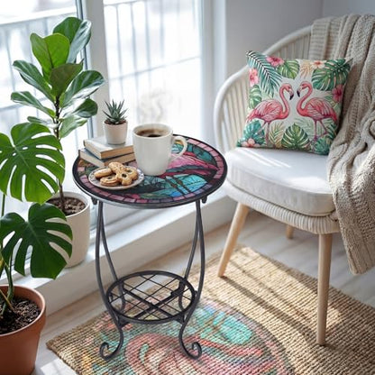 Cinnvoice 2 Pcs Outdoor Side Table Small Patio Round Mosaic Accent End Table Indoor Plant Metal Coffee Tea Tables for Patio Yard Porch Garden Living Room(12" and 16",Flamingo Style)