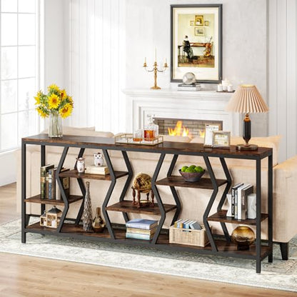 Tribesigns 70.9 Inches Sofa Console Table with 4 Tier Wood Storage Shelves, Industrial Extra Long Narrow Entryway Accent Tables for Hallway, Living Room, Foyer (Rustic Brown)