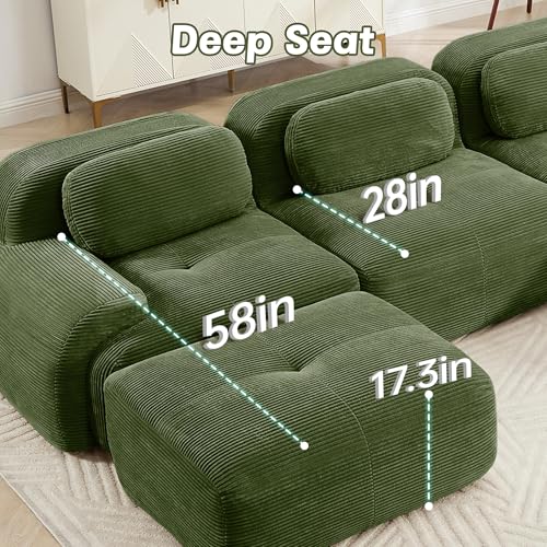 Modular Sectional Sofa Boneless Couch, Cloud Sectional Couches for Living Room, Oversized L Shaped Couch with Deep Seat and Ottoman, Comfy Corduroy Upholstery Green Couches, No Assembly(3S+1O)