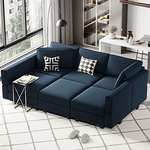 Modular Velvet Sectional Sofa with Chaise Lounge Sectional Sleeper Sofa with Storage Chaise Bed Couch for Living Room Blue