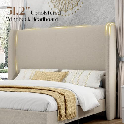 Queen Bed Frame Linen Upholstered 51.2" Tall Headboard, Light Khaki, view 4