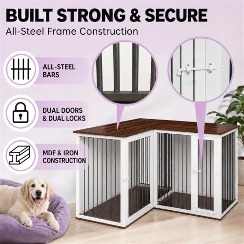 79.1 in L-Shaped Double Dog Crate Furniture for 2 Dogs, White, view 5