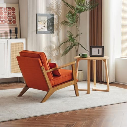 Mid-Century Lounge Accent Chair, Burnt Orange | Wide Curved Armrest, Linen Fabric, Lumbar Pillow Included, Solid Wood Frame, For Living Room, Bedroom, Balcony, Apartment