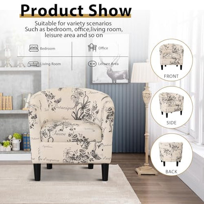 Modern Accent Chair with Ottoman for Small Space, Club Chair with Ottoman Set, Comfy Fabric Barrel Reading Chairs for Living Room Bedroom, Round Reading Chair with Foot Rest, Flower Pattern