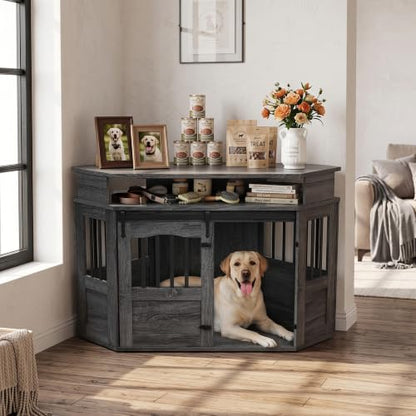 52" Corner Dog Crate for Medium Dogs, Indoor Dog Kennel Grey, view 2