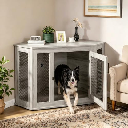52 inch Corner Dog Crate Furniture, Wooden Dog Kennel Furniture with Mesh, view 2