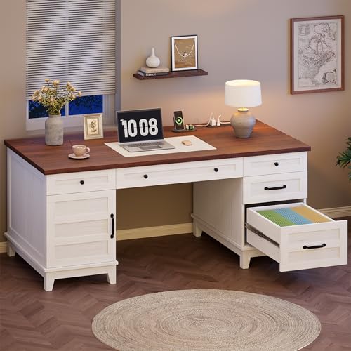 60" Wooden Home Office Desk with File Drawers, Executive Desk with Adjustable Cabinet, Farmhouse Wood Desk with Power Outlet, Distressed Study and Work Table, Rustic White