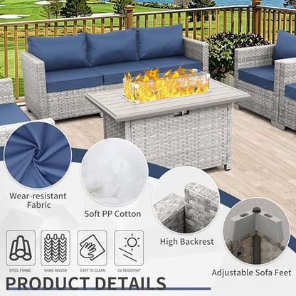 Patio Furniture Set 5 Piece Outdoor Furniture with Fire Pit Table, Grey Wicker Sectional Sofa Couch Sets Backyard Deep Seating PE Rattan Chairs with Navy Blue Cushion