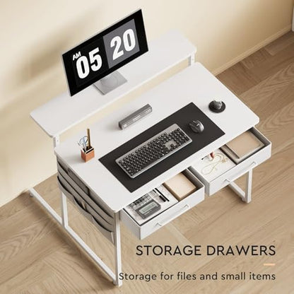 Small desk with Drawers, 31.5X15.8-22.9 Inches Office Computer Desk with Side Pocket & Ergonomic Adjustable Monitor Stand, Writing Table for Small Spaces, Kids desk, vanity desk Bedroom, White