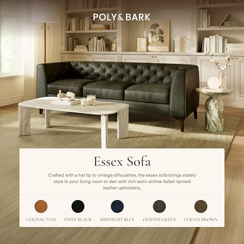 Poly & BARK Essex 89” Full-Grain Italian Leather Sofa – Tufted Back, Feather-Down Comfort, Solid Wood Frame, Olivine Green