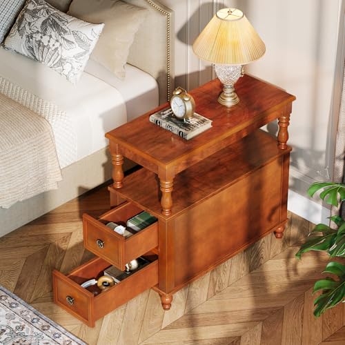 Tribesigns Solid Wood Nightstand with 2 Drawers, Mid-Century Modern Night Stand with Open Storage Shelf, Vintage Bedside Table for Bedroom, Easy to Assemble (1, Walnut)