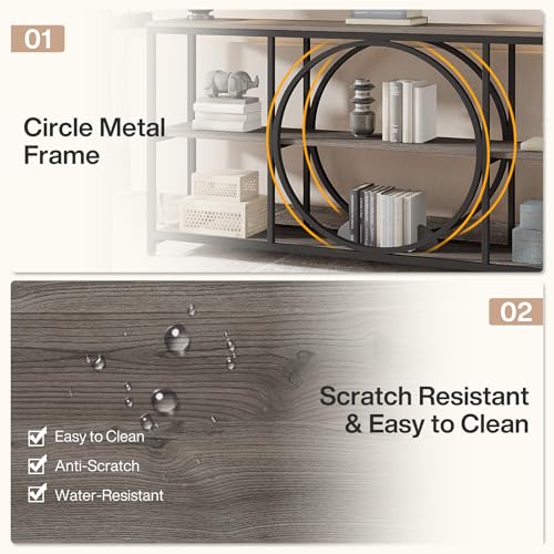 Tribesigns 70.9 inch Sofa Console Table, Extra Long Narrow Entryway Tables with 3 Tier Wood Storage Shelves Metal Frame for Foyer Hallway Living Room Behind Couch, Black Rustic Gray