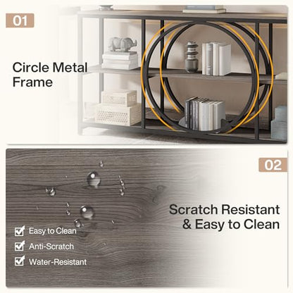 Tribesigns 70.9 inch Sofa Console Table, Extra Long Narrow Entryway Tables with 3 Tier Wood Storage Shelves Metal Frame for Foyer Hallway Living Room Behind Couch, Black Rustic Gray