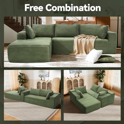 106" Modular Sectional Sofa, Green Corduroy Cloud Couch with Right Chaise, Deep Seat Boneless Floor Sofa for Living Room, High-Resilience Foam Support, No Assembly Required, Includes Pillows | Sectional Sofa