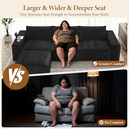 114" Modular Sectional Boneless Couch, Modern 3 Seater Sofa with Ottoman & Deep Seat, Convertible Chenille L Shaped Cloud Couches for Living Room, No Assembly Required, Black