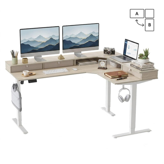 63"x48" L Shaped Standing Desk with Drawers & Shelf, Light Walnut