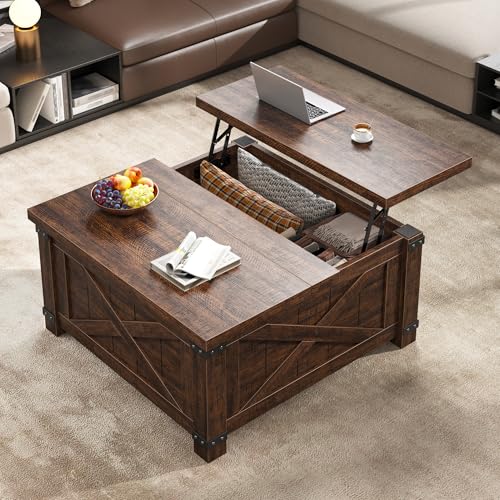 Lift Top Coffee Table with Storage, 35.7" W Square Coffee Tables for Living Room, Small Coffee Table with Large Hidden Space, for Living Room, Bedroom, Home Office, Brown