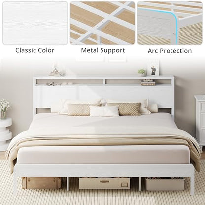 King Size Bed Frame with 2-Tier Storage Shelf Headboard, view 7
