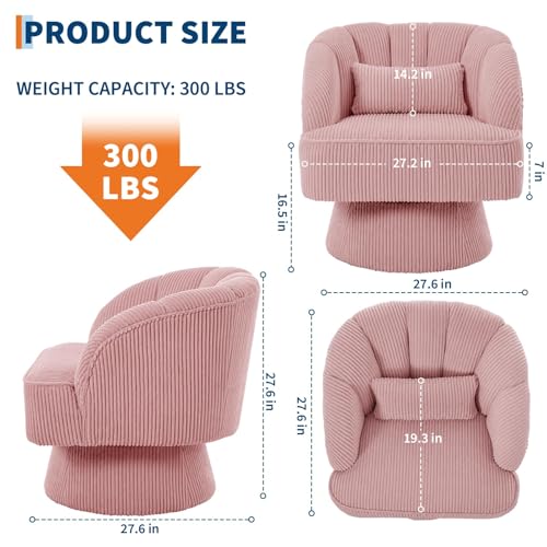 Modern 360° Swivel Barrel Accent Chair, Velvet Upholstered Armchair with Striped Backrest & Plush Cushion, Comfy Round Lounge Chair for Living Room Bedroom, Pink