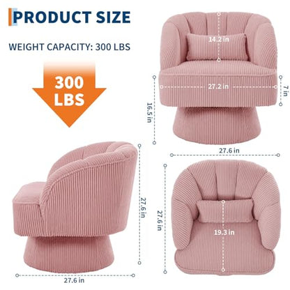 Modern 360° Swivel Barrel Accent Chair, Velvet Upholstered Armchair with Striped Backrest & Plush Cushion, Comfy Round Lounge Chair for Living Room Bedroom, Pink