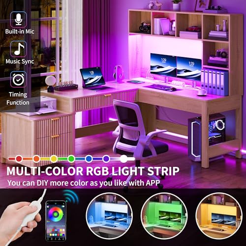 L Shaped Desk with Hutch and Drawers, 67" Computer Desk Gaming Desk with Power Outlets & LED Lights, Wood Home Office Desk with Printer Stand, Fluted Sturdy Writing Workstation, Natural Oak