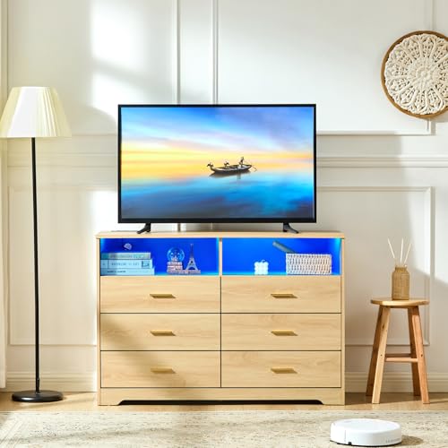 Natural Oak Dresser for Bedroom, Wood Dresser with 6 Drawers, Modern Minimalist Dressers & Chest of Drawers with Charging Station & LED Lights, 48 Inches TV Stand for Bedroom, Living Room