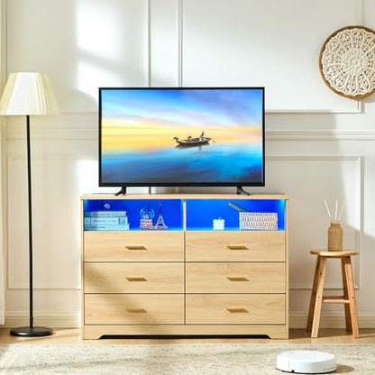 Natural Oak Dresser for Bedroom, Wood Dresser with 6 Drawers, Modern Minimalist Dressers & Chest of Drawers with Charging Station & LED Lights, 48 Inches TV Stand for Bedroom, Living Room