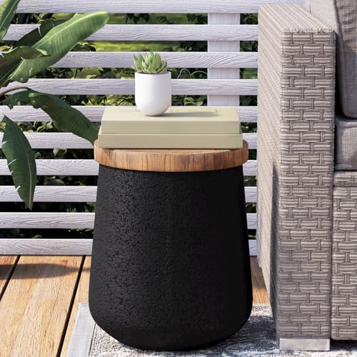 Drum End Table Cylinder Shaped Concrete Side Table Faux-Wood Top, Black Outdoor Accent Table with Tree Trunk Slice Hand Painted, Accent Stool