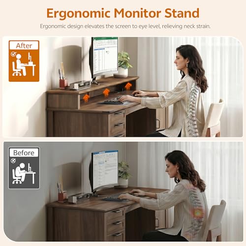 63" Farmhouse Desk w/Power Outlet & Monitor Stand, Walnut, view 4