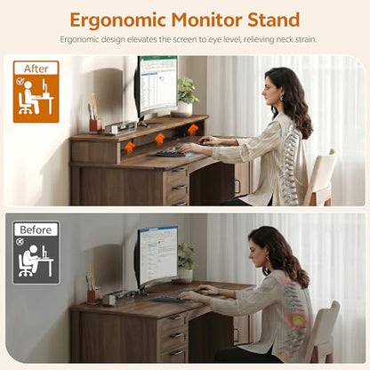63" Farmhouse Desk w/Power Outlet & Monitor Stand, Walnut, view 4
