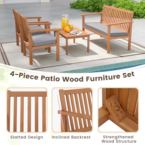 4 Piece Patio Wood Furniture Set, Acacia Wood Sofa Set w/Loveseat, 2 Chairs & Coffee Table, Soft Seat Cushions, Outdoor Wood Furniture Set for Porch, Yard, Balcony (Gray)