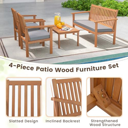 4 Piece Patio Wood Furniture Set, Acacia Wood Sofa Set w/Loveseat, 2 Chairs & Coffee Table, Soft Seat Cushions, Outdoor Wood Furniture Set for Porch, Yard, Balcony (Gray)