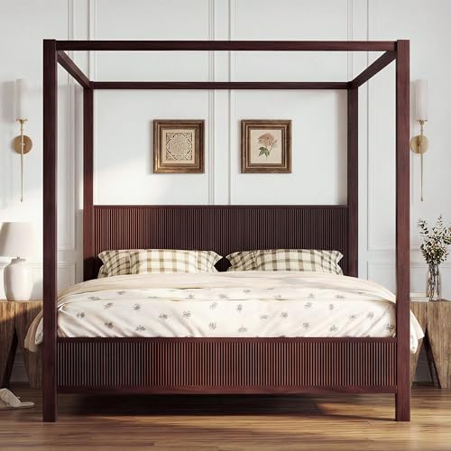 King Wooden Canopy Bed Frame with Headboard, Espresso, view 4