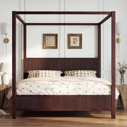 King Wooden Canopy Bed Frame with Headboard, Espresso, view 4